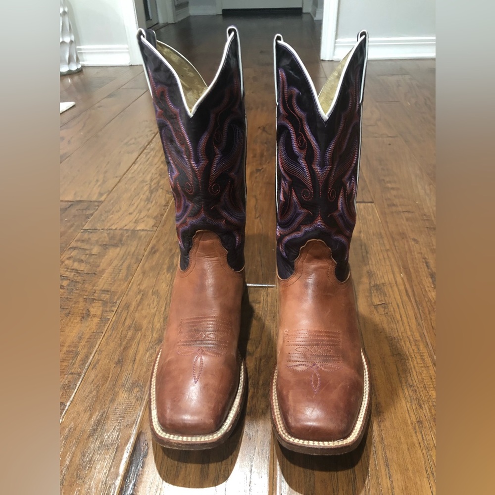 Nocona Cognac brown colored square toed boots.